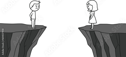 Relationship distance concept illustration of sad couple on cliffs separated by a large gap vector