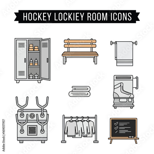 Hockey locker room equipment and accessories icons