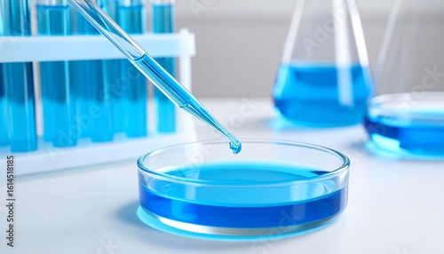 Pipette dropping blue liquid into petri dish; test tubes and beakers in background