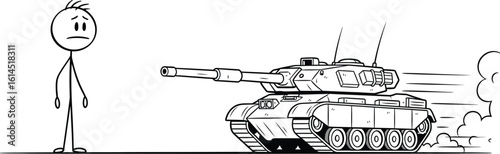 Stick figure facing military tank cartoon drawing vector illustration conflict and power concept