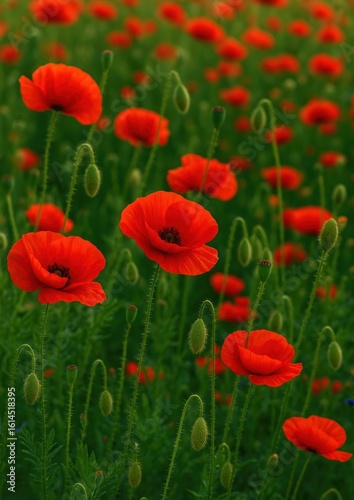 Vibrant poppies in lush field.