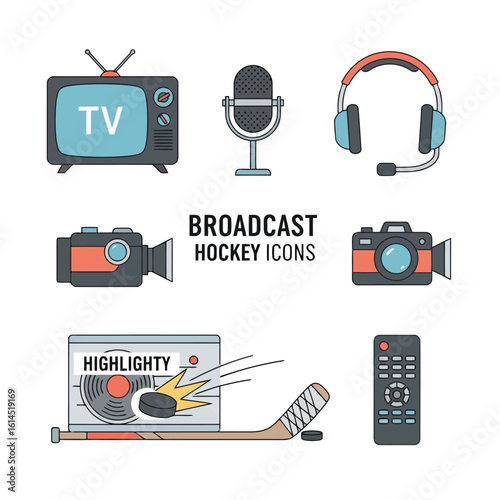 Vintage television microphone headphones camera hockey stick remote