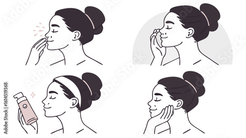 Skincare Routine Illustrated Steps Minimalist Guide to Clean Skin Depicting Applying Cleanser, Toner and Moisturizer for Healthy and Glowing Complexion