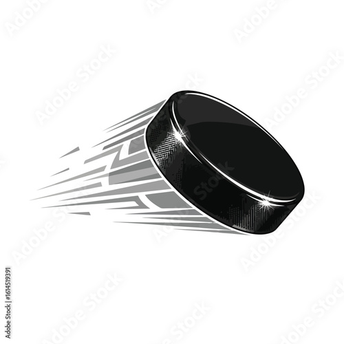 Black hockey puck in motion with motion lines speed