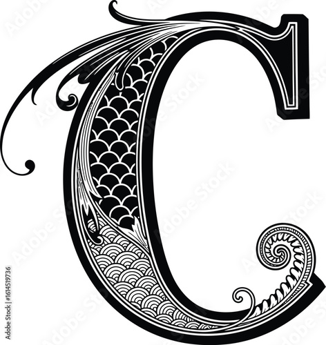 Download decorative letter c vector illustration in black and white for free design projects