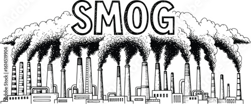 Smog illustration showing pollution from factories and industrial plants causing environmental damage