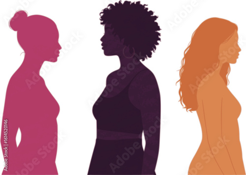 Three diverse woman of different skin color, friends standing together. Confident, powerful girlfriends. 
