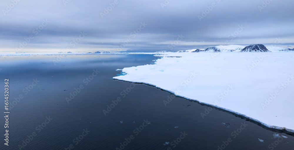Obraz premium Floating ice on the ocean with cloud reflection in the arctic of Svalbard, Norway 