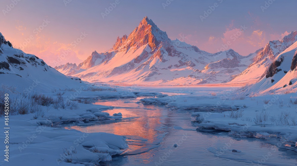 Obraz premium Snow-covered mountain peak reflecting in icy river, pink and blue sunset sky, winter alpine landscape, serene natural scene, ideal for travel, nature, and seasonal backgrounds