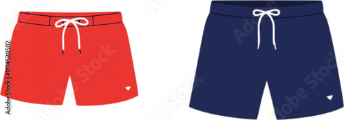 Flat vector illustration of two pairs of swim trunks—one red, one navy. Minimalist beachwear design, perfect for summer, travel, and fashion-themed visuals, social media post. High-res isolated PNG