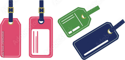 Luggage tags vector illustration set isolated PNG. Colorful travel baggage labels in pink and navy blue with green straps. Perfect for airline travel design projects, banner, post and social media PNG