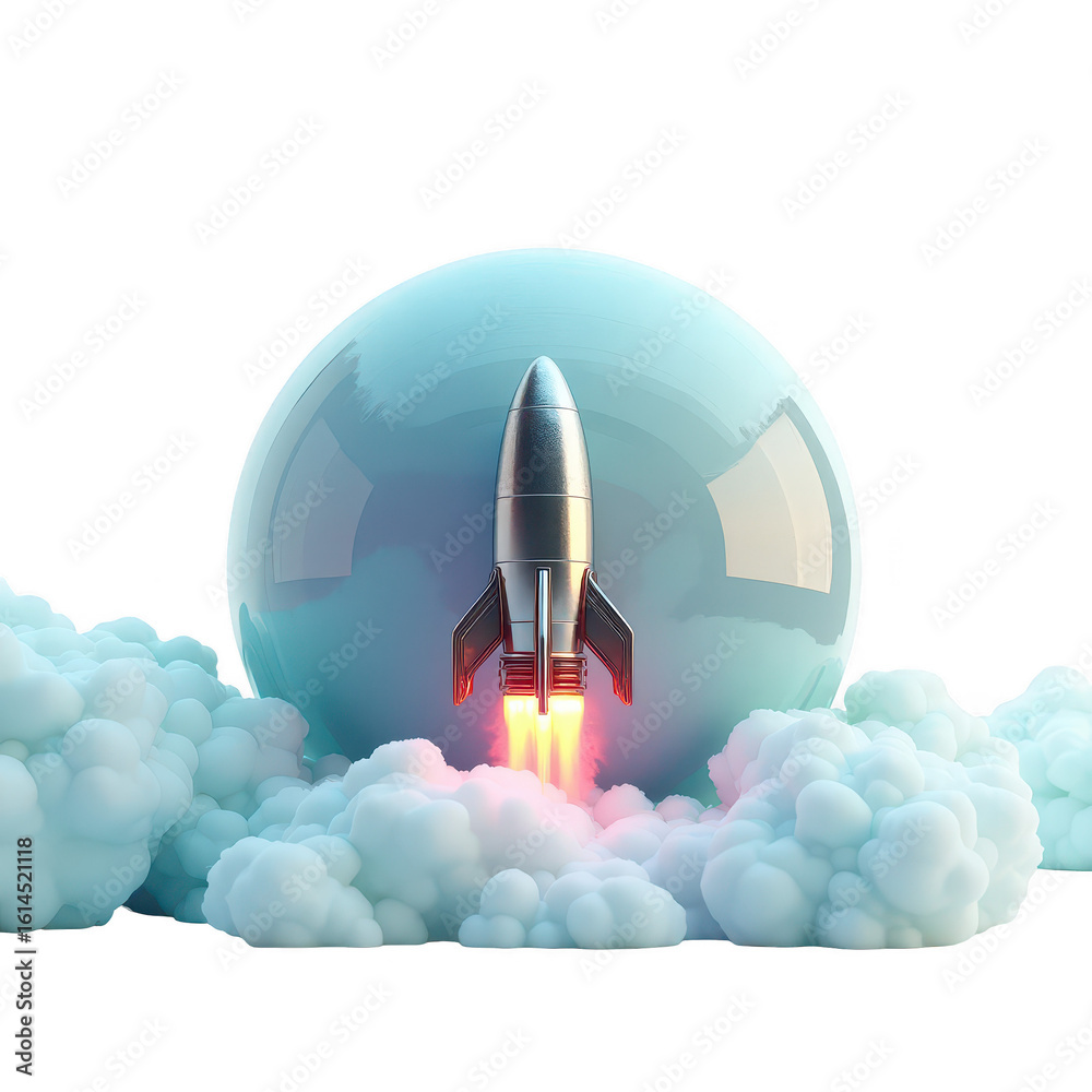 Fototapeta premium Retro rocket launches through a translucent sphere, surrounded by clouds.