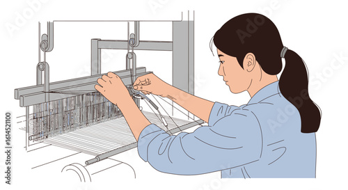 Weaving process illustration. Woman operating loom to create textile fabric. Vector illustration.