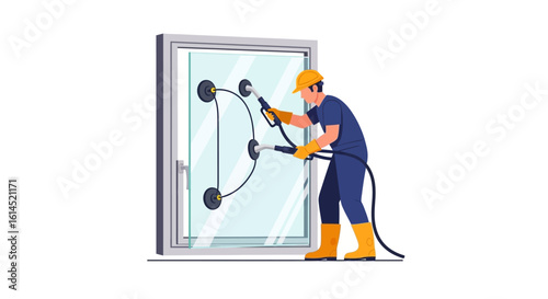 Window installation concept. Worker with suction tools attaching glass panel to a window frame, demonstrating modern glazing techniques. Vector illustration.