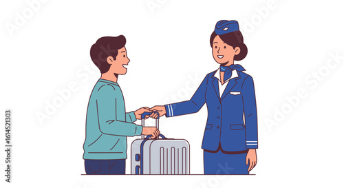 Airport interaction scene. Passenger handing luggage to flight attendant at check-in counter. Vector illustration.