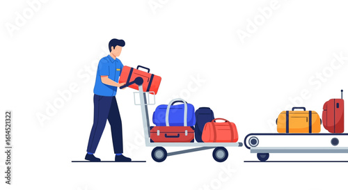 Airport luggage handling concept. Worker managing baggage on trolley and conveyor belt system. Vector illustration.