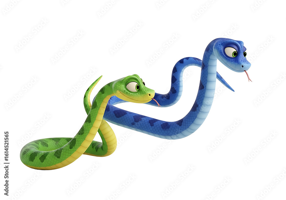 Naklejka premium Two cartoon snakes, one green and one blue, interact with each other, displaying playful expressions.