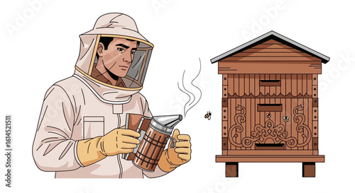 Beekeeping set. Beekeeper using a smoker near decorative wooden beehive. Vector illustration.
