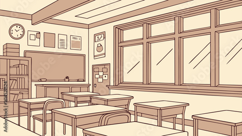 Empty classroom with desks chairs blackboard and windows ready for learning and education