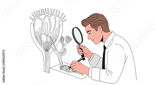 Botany research illustration. Scientist examines plant structure with a magnifying glass, studying botanical details. Vector illustration.