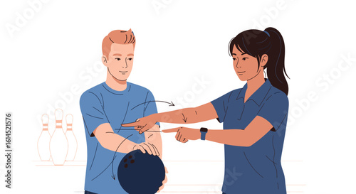 Bowling instruction set. Coach teaching player proper technique with bowling ball in a bowling alley setting. Vector illustration.