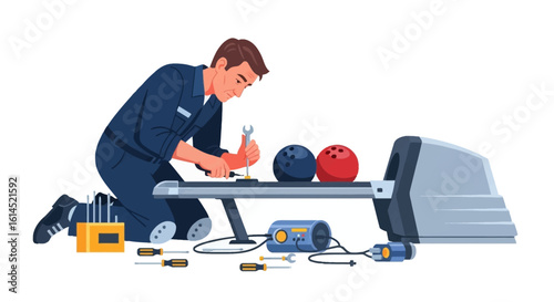 Bowling equipment repair concept. Technician fixing bowling lane machinery using tools with bowling balls nearby. Vector illustration.
