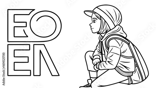 Stylized outline of a young person wearing a hoodie and cap kneeling next to the word eden