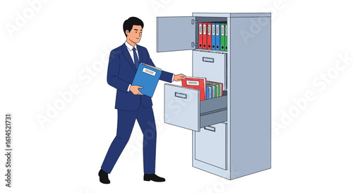 Office organization concept. Businessman using filing cabinet to store or retrieve documents in a professional setting. Vector illustration.