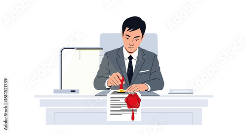 Legal verification concept. Businessman stamping a document with a red wax seal for official approval at a desk. Vector illustration.