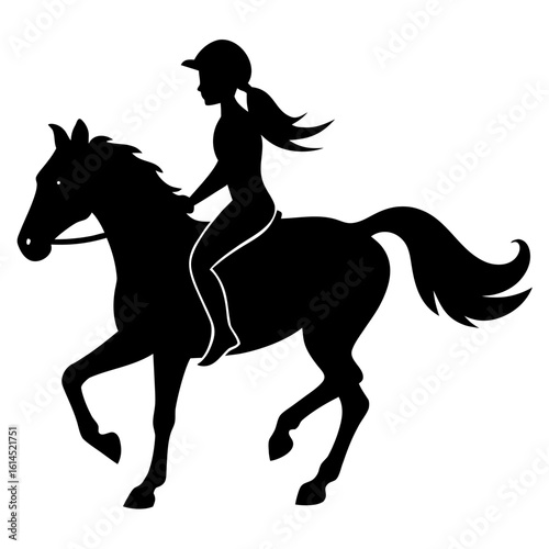 Silhouette of a young woman riding a horse with flowing mane and tail