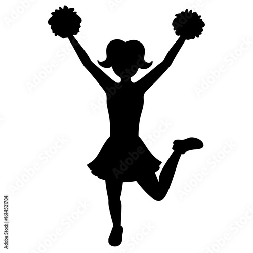 Silhouette of a cheerful cheerleader girl with pom poms raised in a dynamic jump celebrating victory