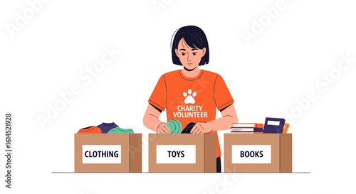 Charity volunteer concept. Illustrated person organizing donations of clothing, toys, and books into boxes. Vector illustration.