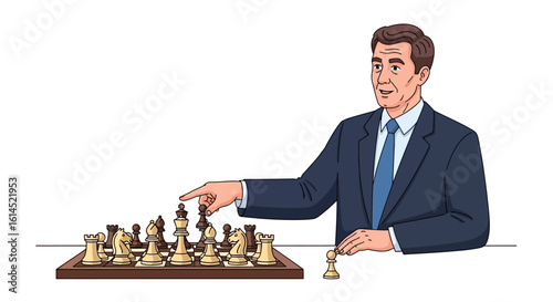 Chess strategy concept. Man in business suit playing chess, contemplating strategic move. Vector illustration.