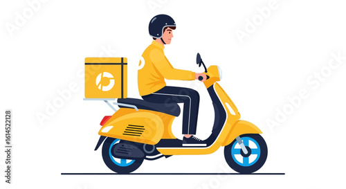 Delivery scooter rider. Illustration of a courier on a yellow scooter with a branded delivery box for modern logistics and transport. Vector illustration.