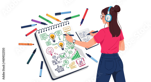 Creative brainstorming concept. Woman drawing colorful sketches and ideas on a notebook with markers. Vector illustration.