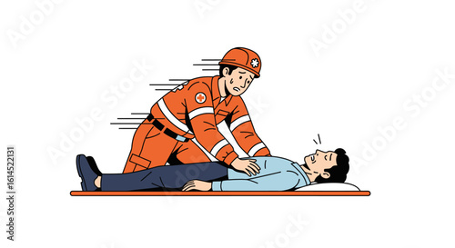 CPR rescue illustration. Emergency medical worker performing cardiopulmonary resuscitation on a patient in need of first aid. Vector illustration.