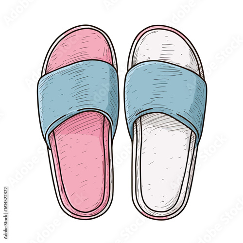A pair of simple, hand-drawn cartoon slide sandals in pink and blue, a comfortable and casual footwear icon for summer, beach days, and relaxed home lounging.
