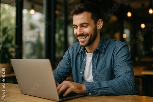 Man smiling using laptop