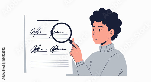 Document review concept. Person analyzing signatures on paper with magnifying glass for inspection and verification. Vector illustration.