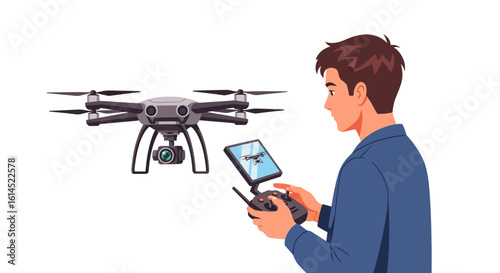 Drone operation concept. Person controlling quadcopter with remote and screen display. Vector illustration.