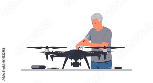 Drone maintenance concept. Technician repairing and adjusting drone equipment at a workstation. Vector illustration.