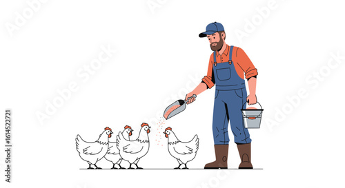 Farmer feeding chickens illustration. Rural agriculture worker handing out feed to poultry in farm environment. Vector illustration.