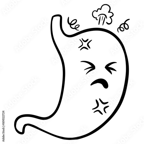 Simple Outline Drawing of Unhappy Stomach with Gas Bubble Icon