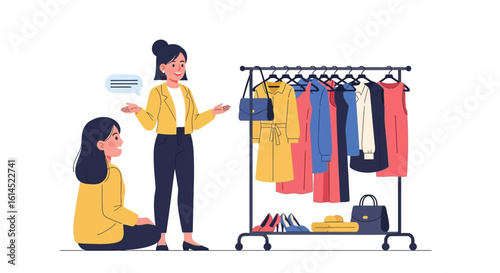 Fashion consultation scene. Two women discuss clothing choices next to a wardrobe rack with modern outfits and accessories. Vector illustration.