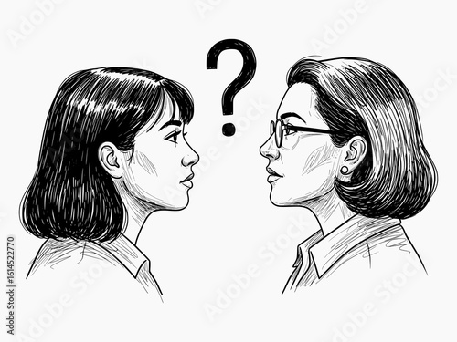 Line art illustration of two women in profile with question mark. Hand drawn pen and ink, for editorial or educational design element.
