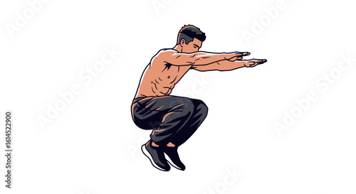 Fitness pose. Male athlete performing squat jump exercise. Vector illustration.