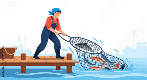Fishing scene. Fisherman in overalls catching multiple fish with a large net on a pier near the sea with boats in the background. Vector illustration.