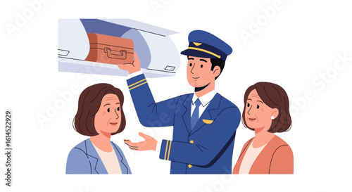 Airline staff assisting passengers set. Flight attendant helping with luggage in overhead compartment. Vector illustration.