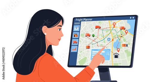 Freight logistics planning concept. Woman using digital map on computer screen with delivery routes and truck icons. Vector illustration.