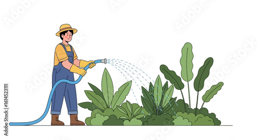 Gardening activity illustration. Person watering plants in a garden with a hose, promoting environmental care and outdoor hobbies. Vector illustration.